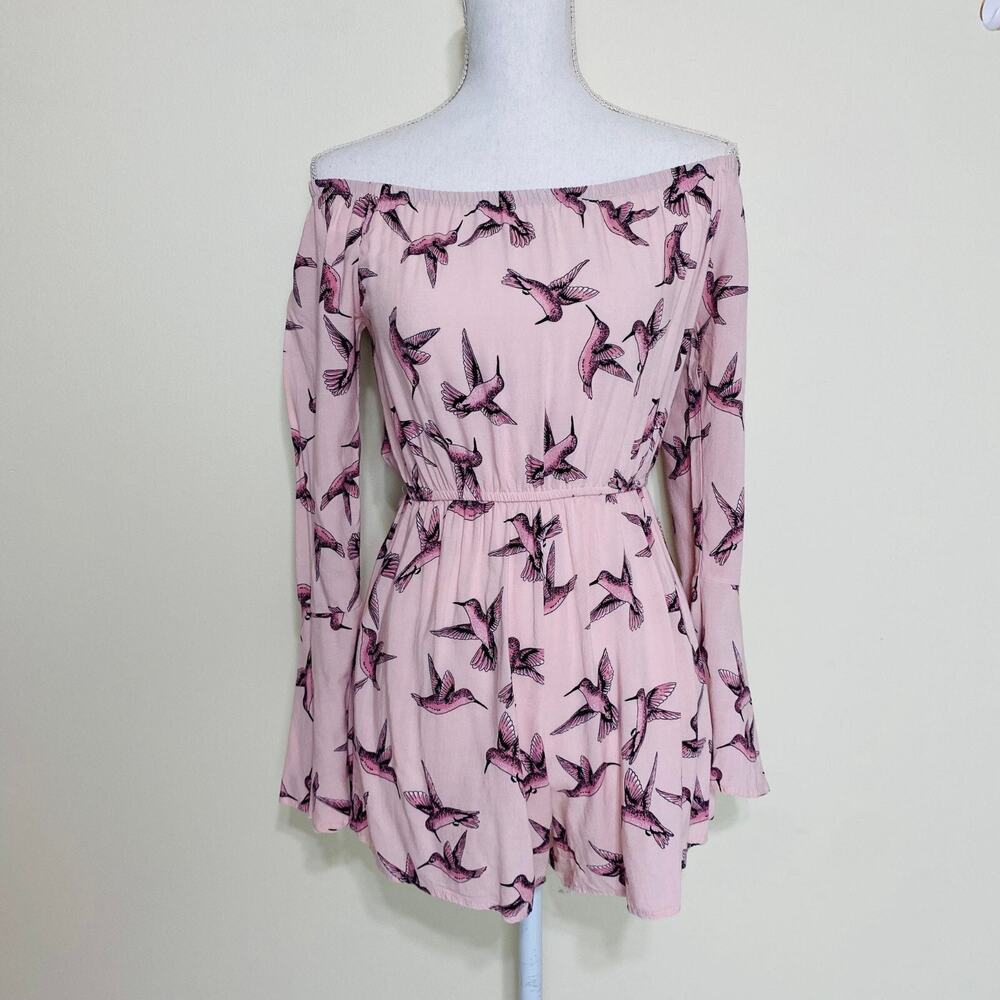 Off-Shoulder Long Sleeves‎ Romper for Women, Pink Bird Print,Small